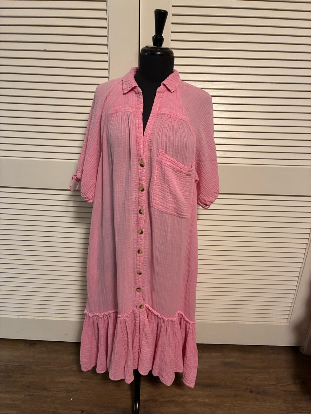 Free People Pink Button-Front Ruffle Hem Maxi Dress